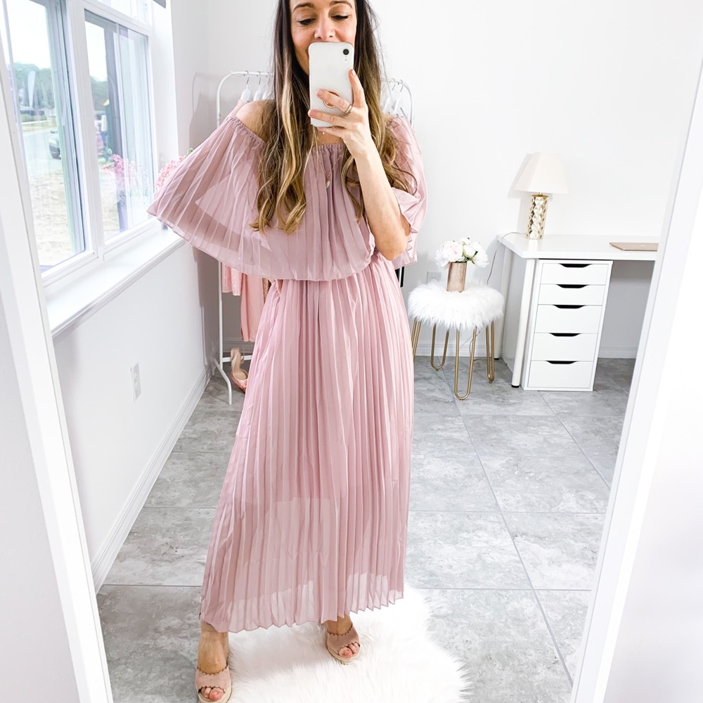 Dusty Pink Off Shoulder Ruffle Pleated Maxi Dress - Picture 6 of 12